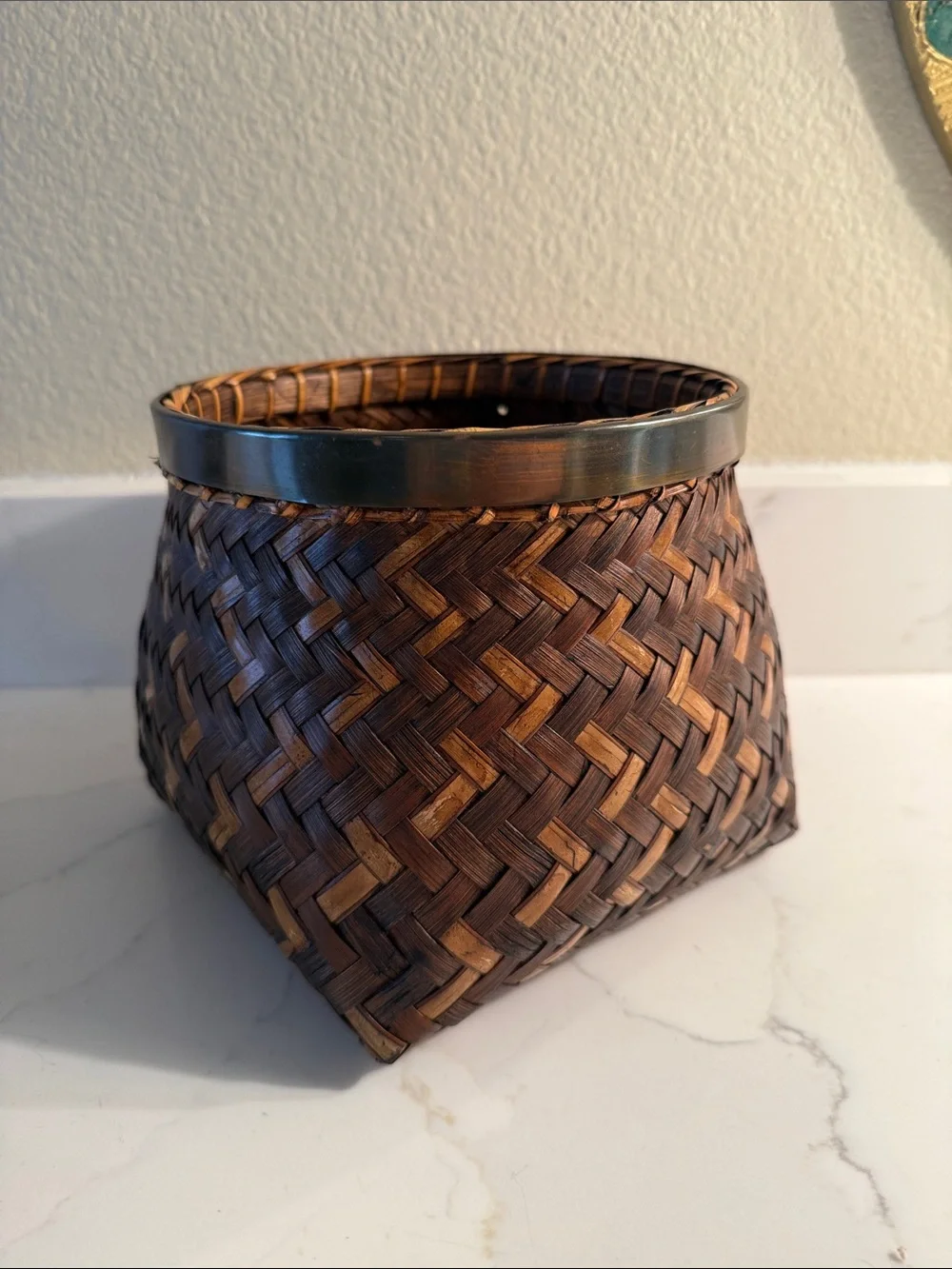 Vintage Japanese Style Wabi Sabi Basket with Metal Tim